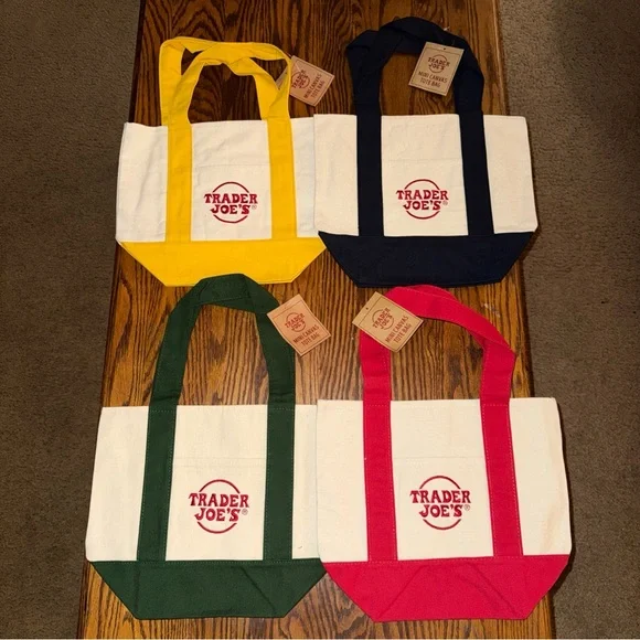 Trader Joe's Mini Canvas Tote Bag Set Of 4 Red Blue Green Yellow New - Picture 4 of 8